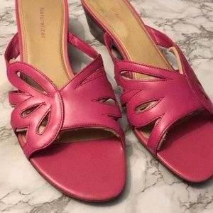 Hot Pink Sandals Leather Low Heel Slip On Style